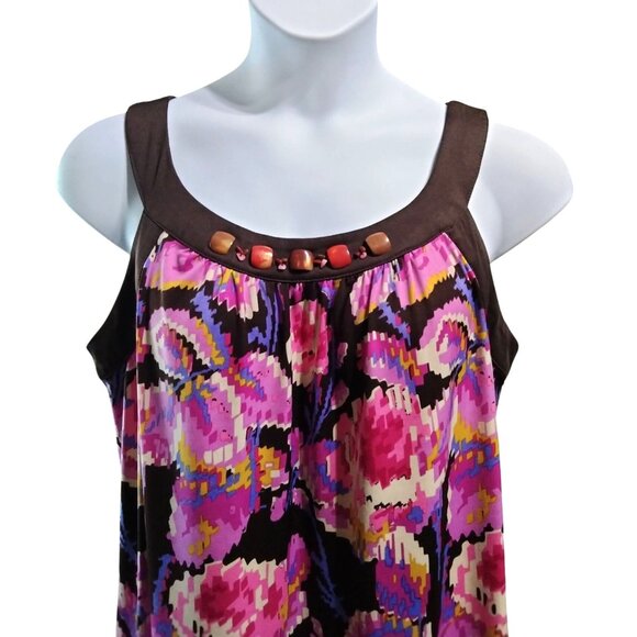 Colorful New Directions Sleeveless Floral Dress With Brown Beaded Neckline XL - Picture 3 of 6